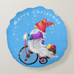 Kerst Gnome met fiets en geschenk rond kussen