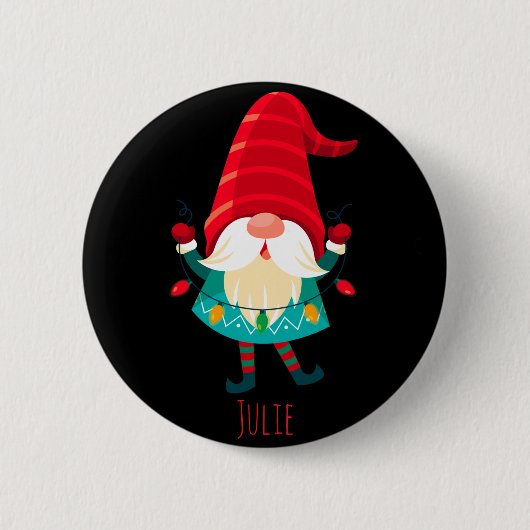 Kerst Gnome met kerstverlichting Ronde Button 5,7 Cm (Voorkant)