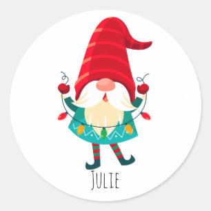 Kerst Gnome met kerstverlichting Ronde Sticker
