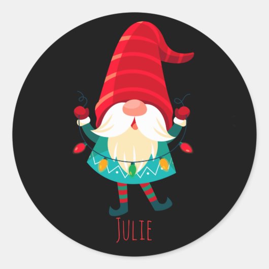 Kerst Gnome met kerstverlichting Ronde Sticker (Voorkant)
