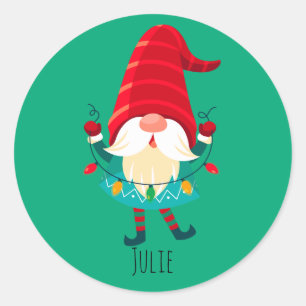 Kerst Gnome met kerstverlichting Ronde Sticker