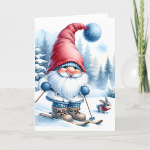 Kerst Gnome Skiën Met Een Konijntje Feestdagen Kaart