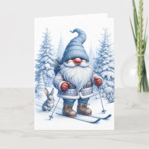 Kerst Gnome Skiën Met Een Konijntje Feestdagen Kaart