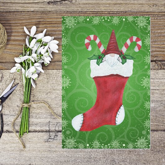 Kerst Gnome Witte Baard Pet in Stocking Green Tissuepapier