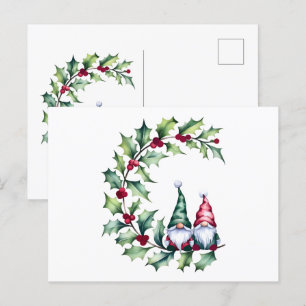 Kerst Gnomen op Holly Berry Twig Briefkaart