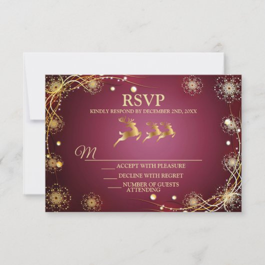 Kerst Golden Reindeers Rode Roze Elegant RSVP Kaartje (Voorkant)