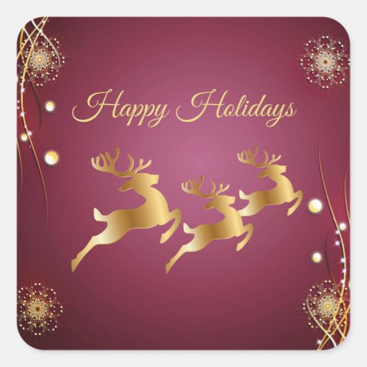 Kerst Golden Reindeers Rode Roze Elegant Vierkante Sticker (Voorkant)
