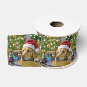 Kerst Golden Retriever die een speelgoedtrein beki Grosgrain Lint