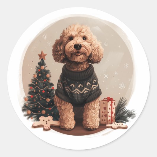 Kerst Goldendoodle Puppy Honden Ronde Sticker (Voorkant)