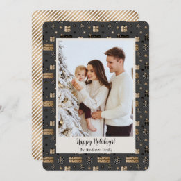 Kerst Goud en Zwart Familiefoto Feestdagenkaart