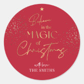 Kerst Goud Glitter Script Naam Rood Modern Ronde Sticker (Voorkant)