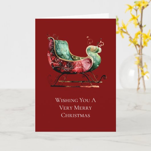 Kerst Goud Rood Groen Sleigh Kaart (Gele Bloem)