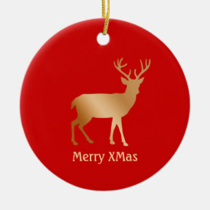 Kerst gouden rendier op rood keramisch ornament