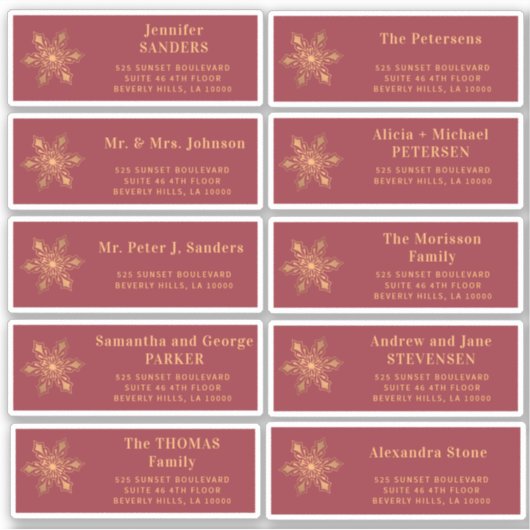 Kerst gouden sneeuwvlok rode gast adresetiketten sticker (Voorkant)