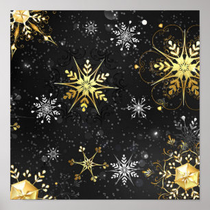 Kerst Gouden Sneeuwvlokken op Zwarte Achtergrond Poster