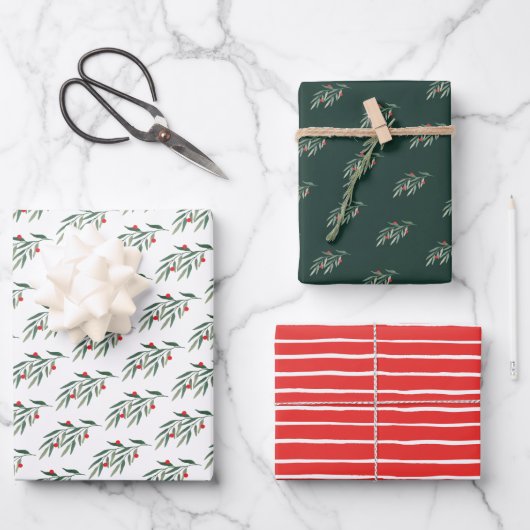Kerst groen bladeren & bessen inpakpapier vel (Voorkant)
