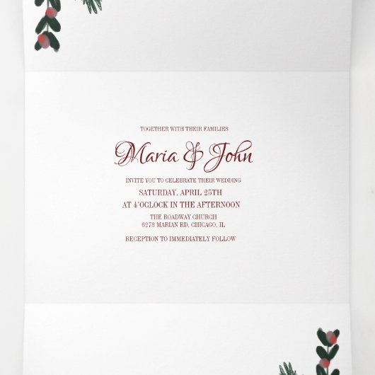 Kerst Groen Botanische Gouache bruiloft Drieluik Uitnodiging (Binnenkant midden)