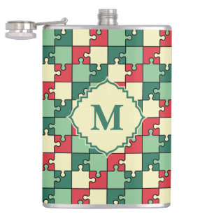 Kerst Groen Rood Geometrisch Puzzel Stuk Patroon Heupfles