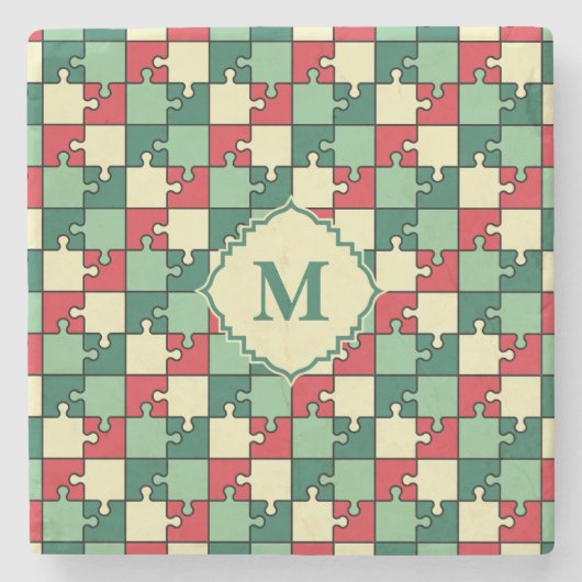 Kerst Groen Rood Geometrisch Puzzel Stuk Patroon Stenen Onderzetter (Voorkant)