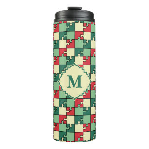 Kerst Groen Rood Geometrisch Puzzel Stuk Patroon Thermosbeker