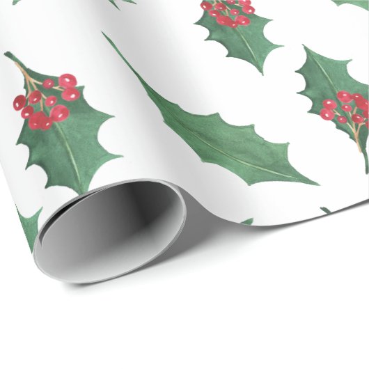 Kerst Groene Holly rode bessen op wit Cadeaupapier (Rol Hoek)