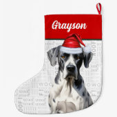 Kerst Grote Deen Hond met Naam Woof Achtergrond Grote Kerstsok (Achterkant)