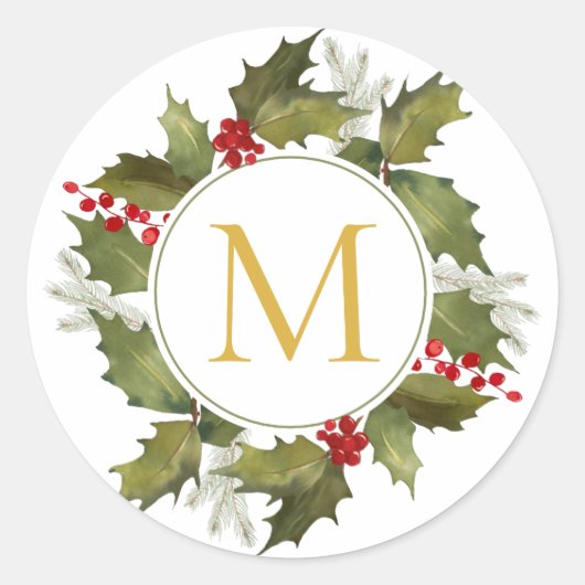 Kerst Grote Monogram  Holly Krans Ronde Sticker (Voorkant)