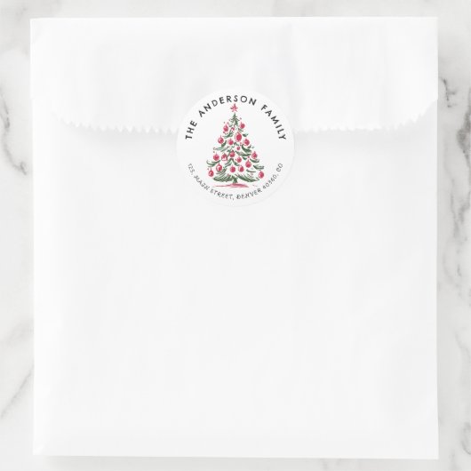 Kerst hand getekend Pine tree adreslabel Ronde Sticker (Tas)