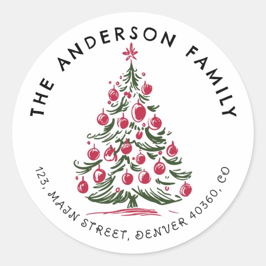 Kerst hand getekend Pine tree adreslabel Ronde Sticker (Voorkant)