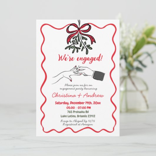 Kerst Hand getekend Red Bow We zijn verloofd feest Kaart (Staand voorkant)