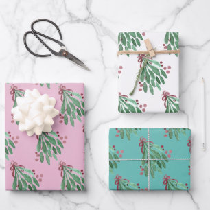 Kerst Hand Waterverf Boom en Boog Roze Teal Inpakpapier Vel