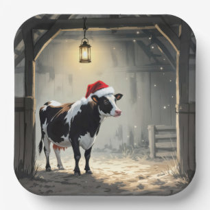 Kerst Hereford Koe in Schuur Deuropening Papieren Bordje