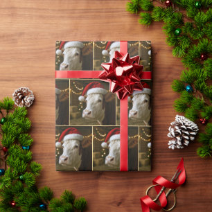 Kerst Hereford Koe met een Kerstman Hoed Cadeaupapier
