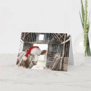 Kerst Hereford Koe met Santa Hat Feestdagen Kaart