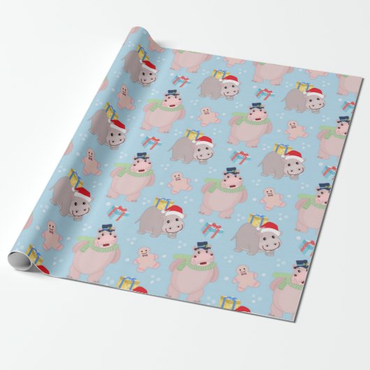 Kerst Hippopotamus Pattern Cadeaupapier (Uitgerold)