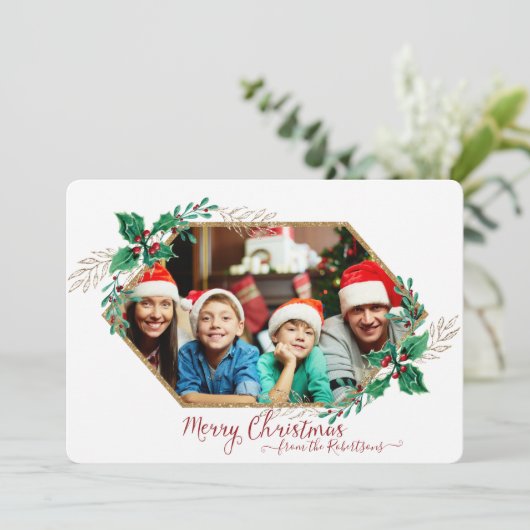 Kerst Holly Bes Hexagoon Gouden Glitter en Foto Feestdagenkaart (Staand voorkant)