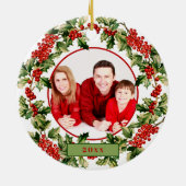Kerst Holly bladeren & bessen aangepaste foto Keramisch Ornament (Achterkant)