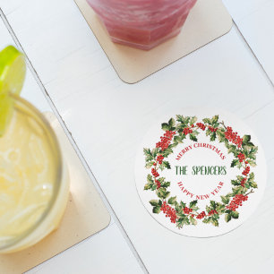 Kerst Holly bladeren & bessen Vrolijk Kerstfeest Ronde Kartonnen Onderzetter