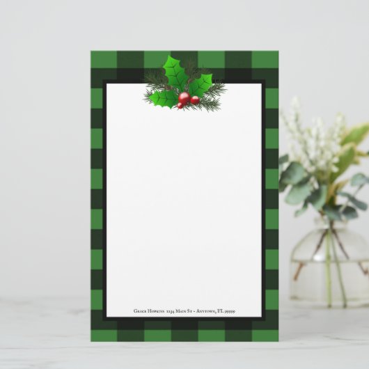 Kerst Holly Buffalo Plaid Gepersonaliseerd papier (Staand voorkant)