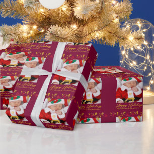 Kerst holly en rode bessen gouden foto cadeaupapier