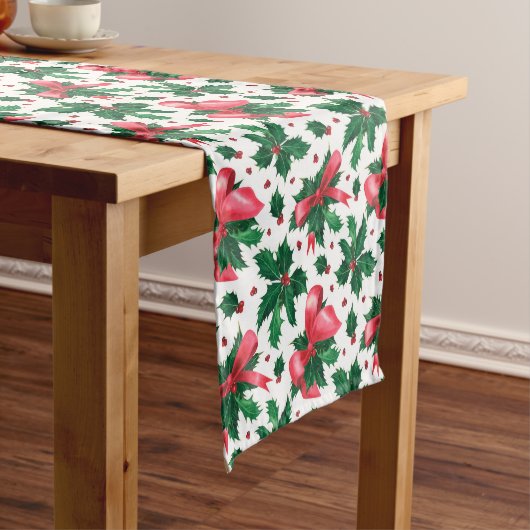Kerst Holly Festive Floral Red Green Pattern Korte Tafelloper (Voorbeeld)