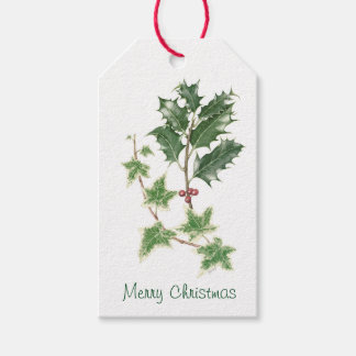 Kerst Holly & Ivy Sprig Botanische aquarel Cadeaulabel