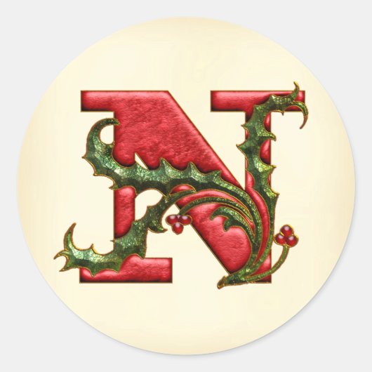 Kerst Holly Monogram N Envelop Afdichtingen Ronde Sticker (Voorkant)
