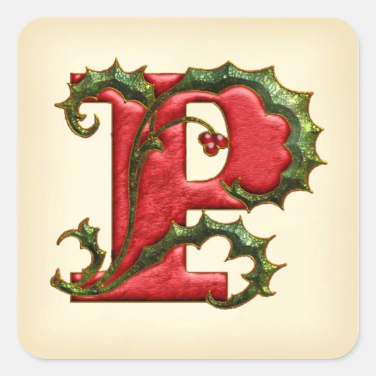 Kerst Holly Monogram P Envelop Afdichtingen Vierkante Sticker (Voorkant)