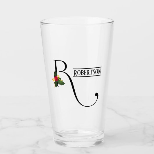 Kerst Holly Monogram R Gepersonaliseerd Bier Glas (Voorkant)