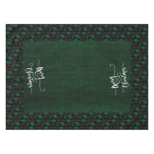 Kerst Holly op Festive Green Faux Burlap Tafelkleed (Voorkant (Horizontaal))