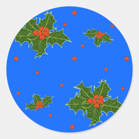 Kerst Holly Red Berry Pattern op Festive Blue Ronde Sticker (Voorkant)