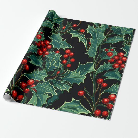 Kerst Holly takken en bessen Cadeaupapier (Uitgerold)