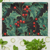 Kerst Holly takken en bessen Theedoek (Gevouwen)