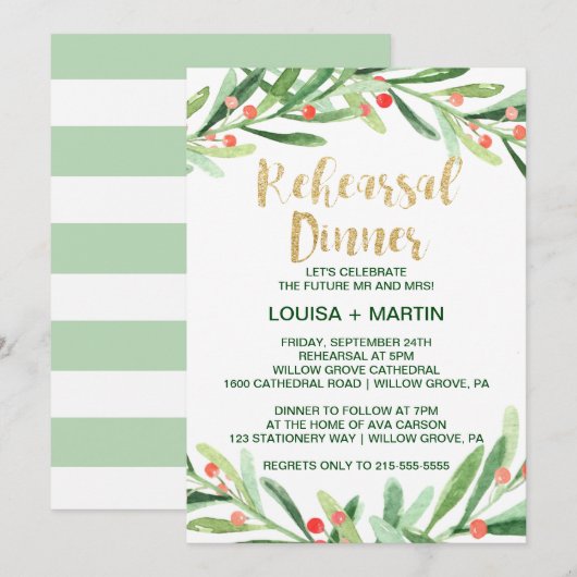 Kerst Holly Wreath Rehearsal Dinner Kaart (Voorkant / Achterkant)
